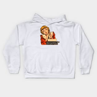 Typist secretary apprehensive and sad, but pencil in hand Kids Hoodie